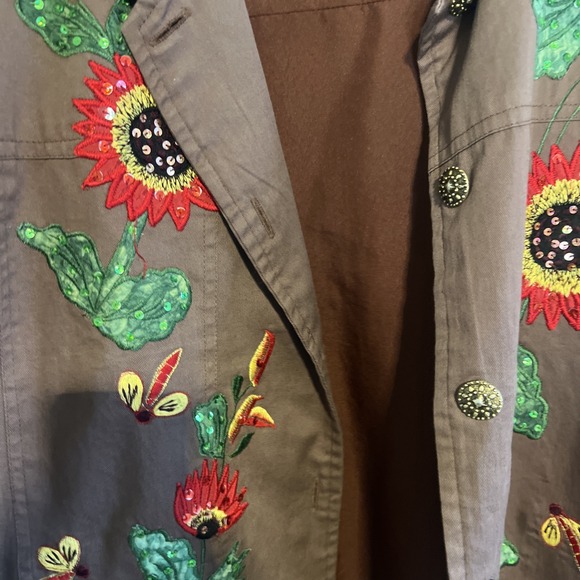 VTG 90s Tapestry Patch Brown Sequin Embroidered Sunflower Shirt Jacket Large - Picture 5 of 8